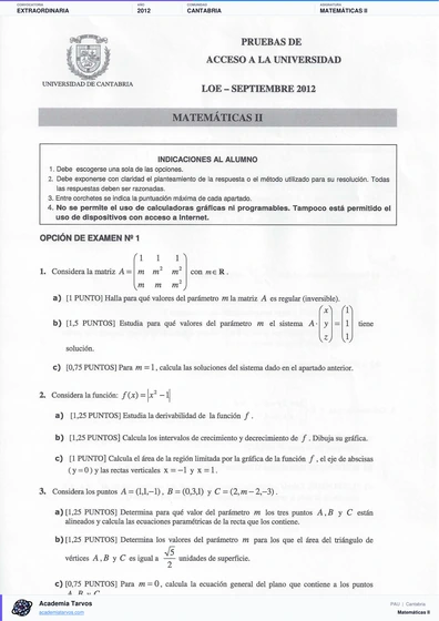 Vista previa de Examen PAU de Matemáticas II de Cantabria 2012 – Extraordinaria