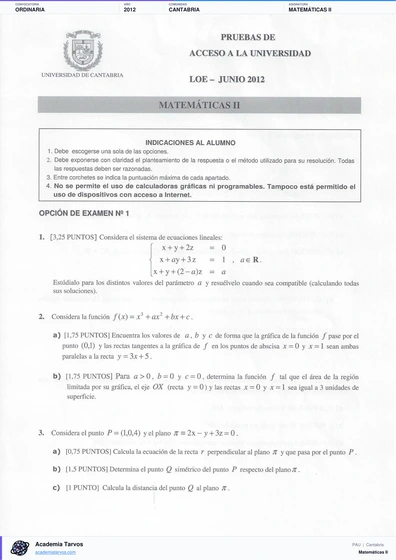 Vista previa de Examen PAU de Matemáticas II de Cantabria 2012 – Ordinaria