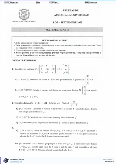 Vista previa de Examen PAU de Matemáticas II de Cantabria 2013 – Extraordinaria