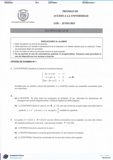 Vista previa de Examen PAU de Matemáticas II de Cantabria 2013 – Ordinaria