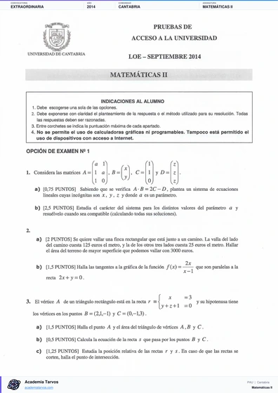 Vista previa de Examen PAU de Matemáticas II de Cantabria 2014 – Extraordinaria