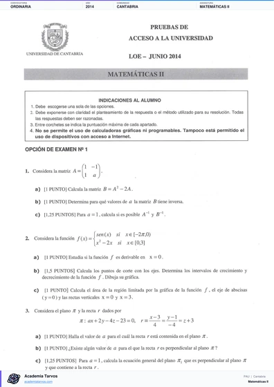 Vista previa de Examen PAU de Matemáticas II de Cantabria 2014 – Ordinaria