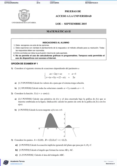 Vista previa de Examen PAU de Matemáticas II de Cantabria 2015 – Extraordinaria