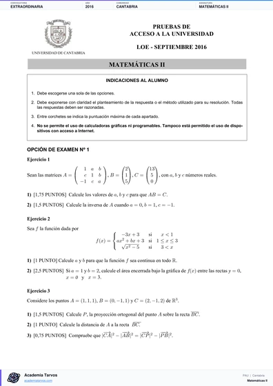 Vista previa de Examen PAU de Matemáticas II de Cantabria 2016 – Extraordinaria