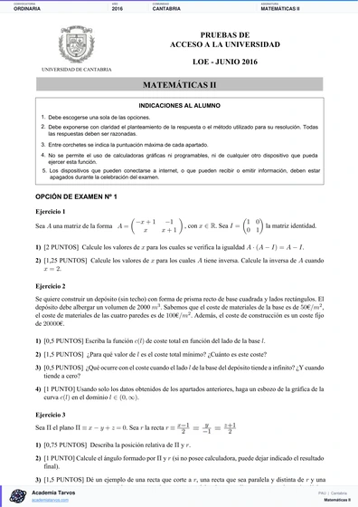 Vista previa de Examen PAU de Matemáticas II de Cantabria 2016 – Ordinaria