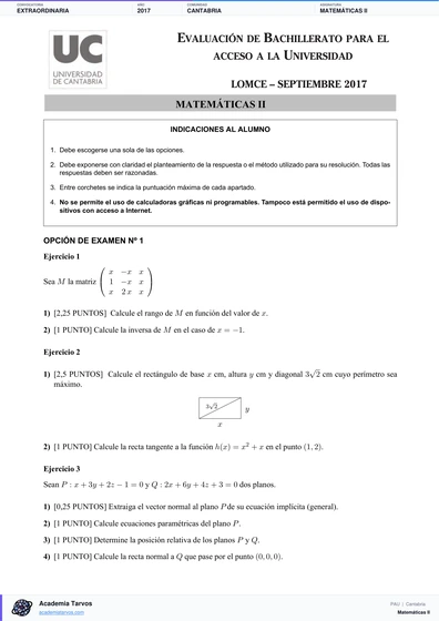 Vista previa de Examen PAU de Matemáticas II de Cantabria 2017 – Extraordinaria