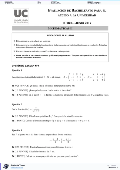 Vista previa de Examen PAU de Matemáticas II de Cantabria 2017 – Ordinaria
