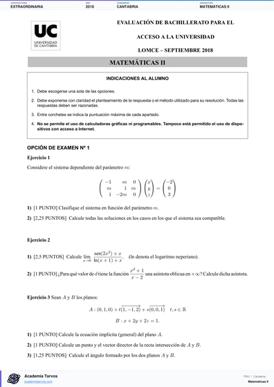 Vista previa de Examen PAU de Matemáticas II de Cantabria 2018 – Extraordinaria