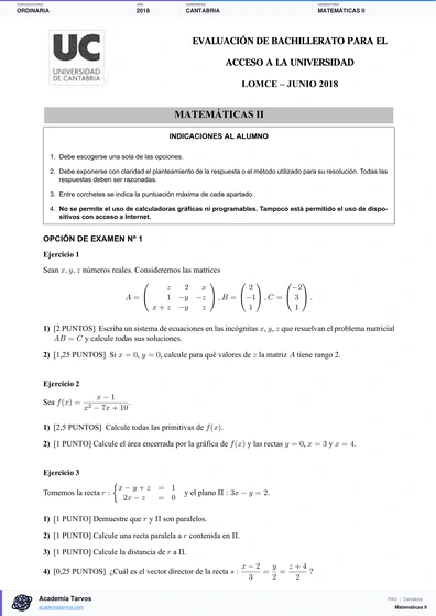 Vista previa de Examen PAU de Matemáticas II de Cantabria 2018 – Ordinaria