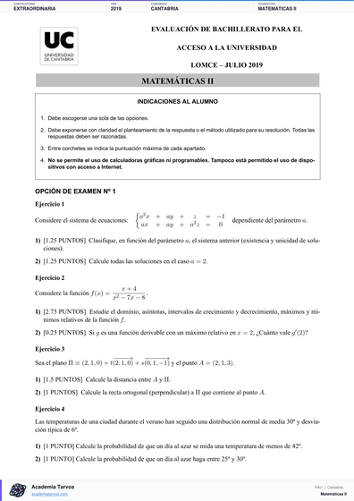 Vista previa de Examen PAU de Matemáticas II de Cantabria 2019 – Extraordinaria
