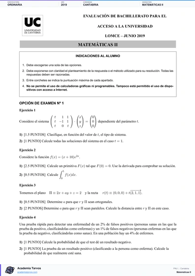 Vista previa de Examen PAU de Matemáticas II de Cantabria 2019 – Ordinaria