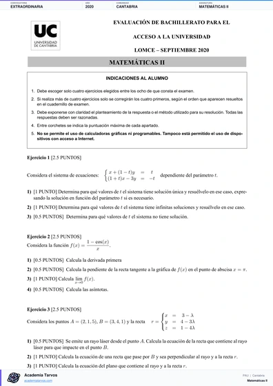 Vista previa de Examen PAU de Matemáticas II de Cantabria 2020 – Extraordinaria