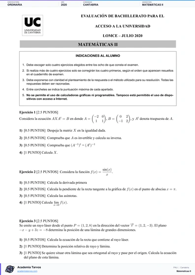 Vista previa de Examen PAU de Matemáticas II de Cantabria 2020 – Ordinaria