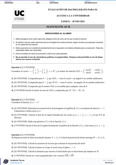 Vista previa de Examen PAU de Matemáticas II de Cantabria 2021 – Ordinaria