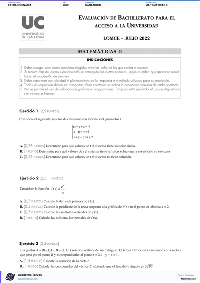 Vista previa de Examen PAU de Matemáticas II de Cantabria 2022 – Extraordinaria