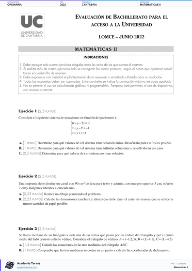 Vista previa de Examen PAU de Matemáticas II de Cantabria 2022 – Ordinaria