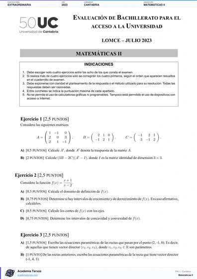 Vista previa de Examen PAU de Matemáticas II de Cantabria 2023 – Extraordinaria