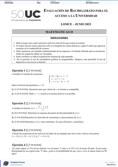 Vista previa de Examen PAU de Matemáticas II de Cantabria 2023 – Ordinaria