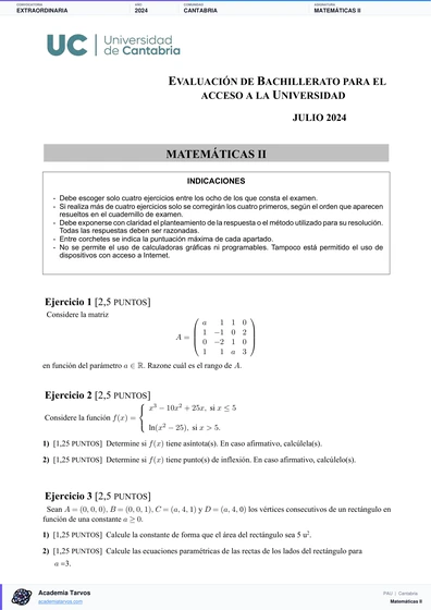 Vista previa de Examen PAU de Matemáticas II de Cantabria 2024 – Extraordinaria