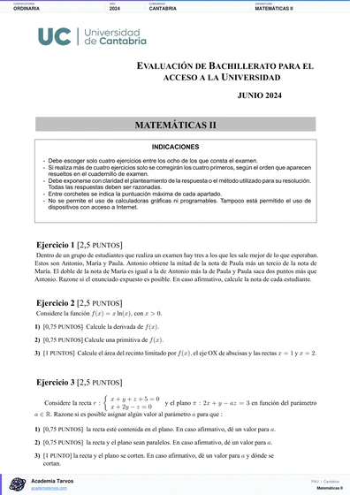 Vista previa de Examen PAU de Matemáticas II de Cantabria 2024 – Ordinaria