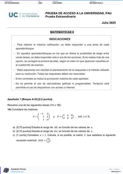 Vista previa de Examen PAU de Matemáticas II de Cantabria 2025 – Extraordinaria