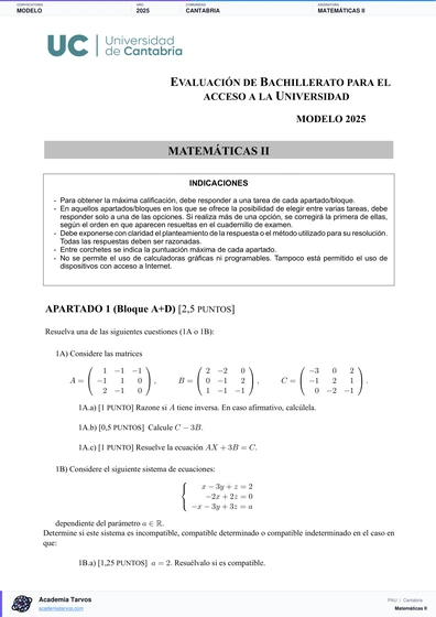 Vista previa de Modelo PAU de Matemáticas II de Cantabria 2025