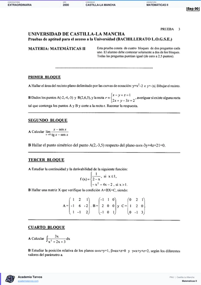Vista previa de Examen PAU de Matemáticas II de Castilla-La Mancha 2000 – Extraordinaria
