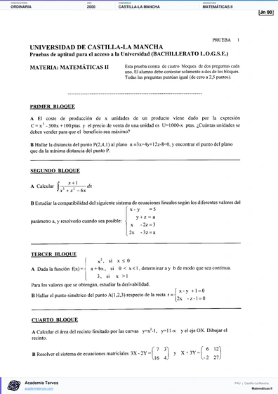 Vista previa de Examen PAU de Matemáticas II de Castilla-La Mancha 2000 – Ordinaria