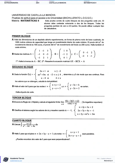 Vista previa de Examen PAU de Matemáticas II de Castilla-La Mancha 2001 – Extraordinaria