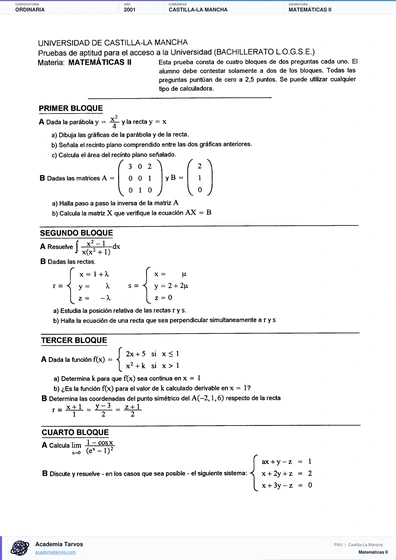 Vista previa de Examen PAU de Matemáticas II de Castilla-La Mancha 2001 – Ordinaria
