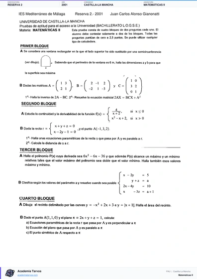 Vista previa de Examen PAU de Matemáticas II de Castilla-La Mancha 2001 – Reserva 2
