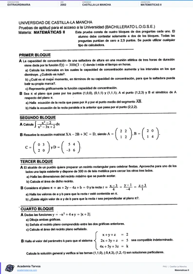 Vista previa de Examen PAU de Matemáticas II de Castilla-La Mancha 2002 – Extraordinaria