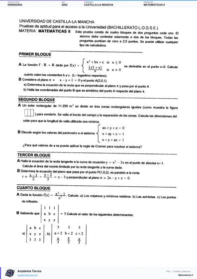 Vista previa de Examen PAU de Matemáticas II de Castilla-La Mancha 2002 – Ordinaria