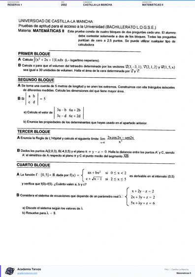 Vista previa de Examen PAU de Matemáticas II de Castilla-La Mancha 2002 – Reserva 1