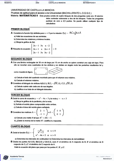 Vista previa de Examen PAU de Matemáticas II de Castilla-La Mancha 2002 – Reserva