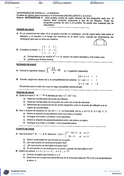 Vista previa de Examen PAU de Matemáticas II de Castilla-La Mancha 2003 – Extraordinaria