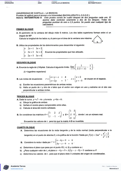 Vista previa de Examen PAU de Matemáticas II de Castilla-La Mancha 2003 – Ordinaria