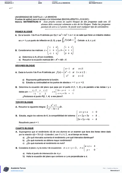 Vista previa de Examen PAU de Matemáticas II de Castilla-La Mancha 2003 – Reserva 1
