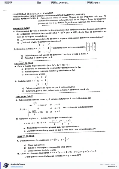 Vista previa de Examen PAU de Matemáticas II de Castilla-La Mancha 2003 – Reserva