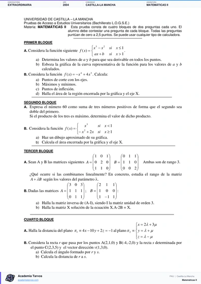 Vista previa de Examen PAU de Matemáticas II de Castilla-La Mancha 2004 – Extraordinaria