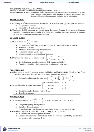 Vista previa de Examen PAU de Matemáticas II de Castilla-La Mancha 2004 – Ordinaria