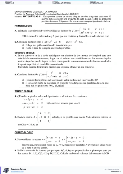 Vista previa de Examen PAU de Matemáticas II de Castilla-La Mancha 2004 – Reserva 1