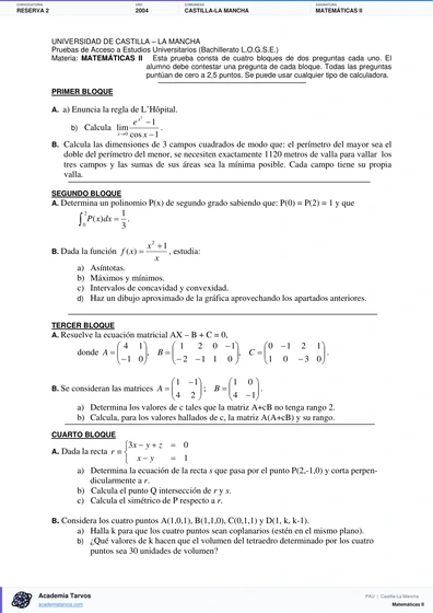 Vista previa de Examen PAU de Matemáticas II de Castilla-La Mancha 2004 – Reserva 2