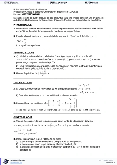 Vista previa de Examen PAU de Matemáticas II de Castilla-La Mancha 2005 – Extraordinaria