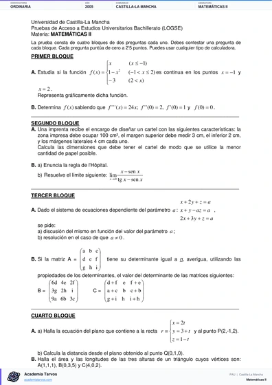 Vista previa de Examen PAU de Matemáticas II de Castilla-La Mancha 2005 – Ordinaria