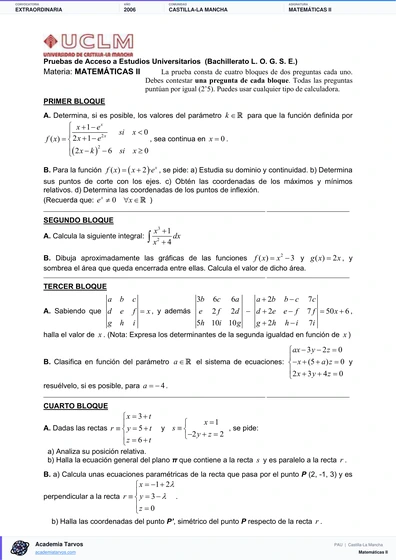 Vista previa de Examen PAU de Matemáticas II de Castilla-La Mancha 2006 – Extraordinaria