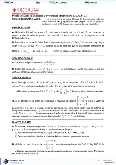 Vista previa de Examen PAU de Matemáticas II de Castilla-La Mancha 2006 – Ordinaria
