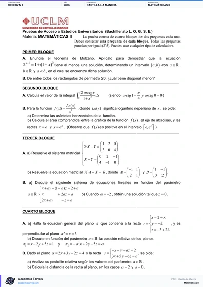 Vista previa de Examen PAU de Matemáticas II de Castilla-La Mancha 2006 – Reserva 1