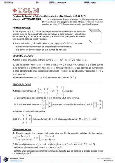 Vista previa de Examen PAU de Matemáticas II de Castilla-La Mancha 2006 – Reserva 2