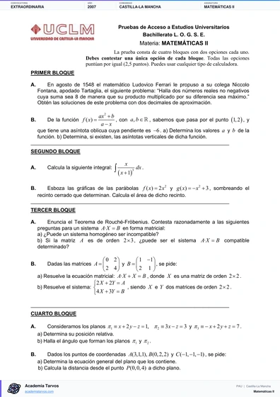 Vista previa de Examen PAU de Matemáticas II de Castilla-La Mancha 2007 – Extraordinaria